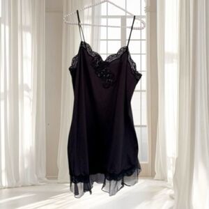 VTG Shadowline Black Nylon Sequin Nightgown Slip Dres Size M